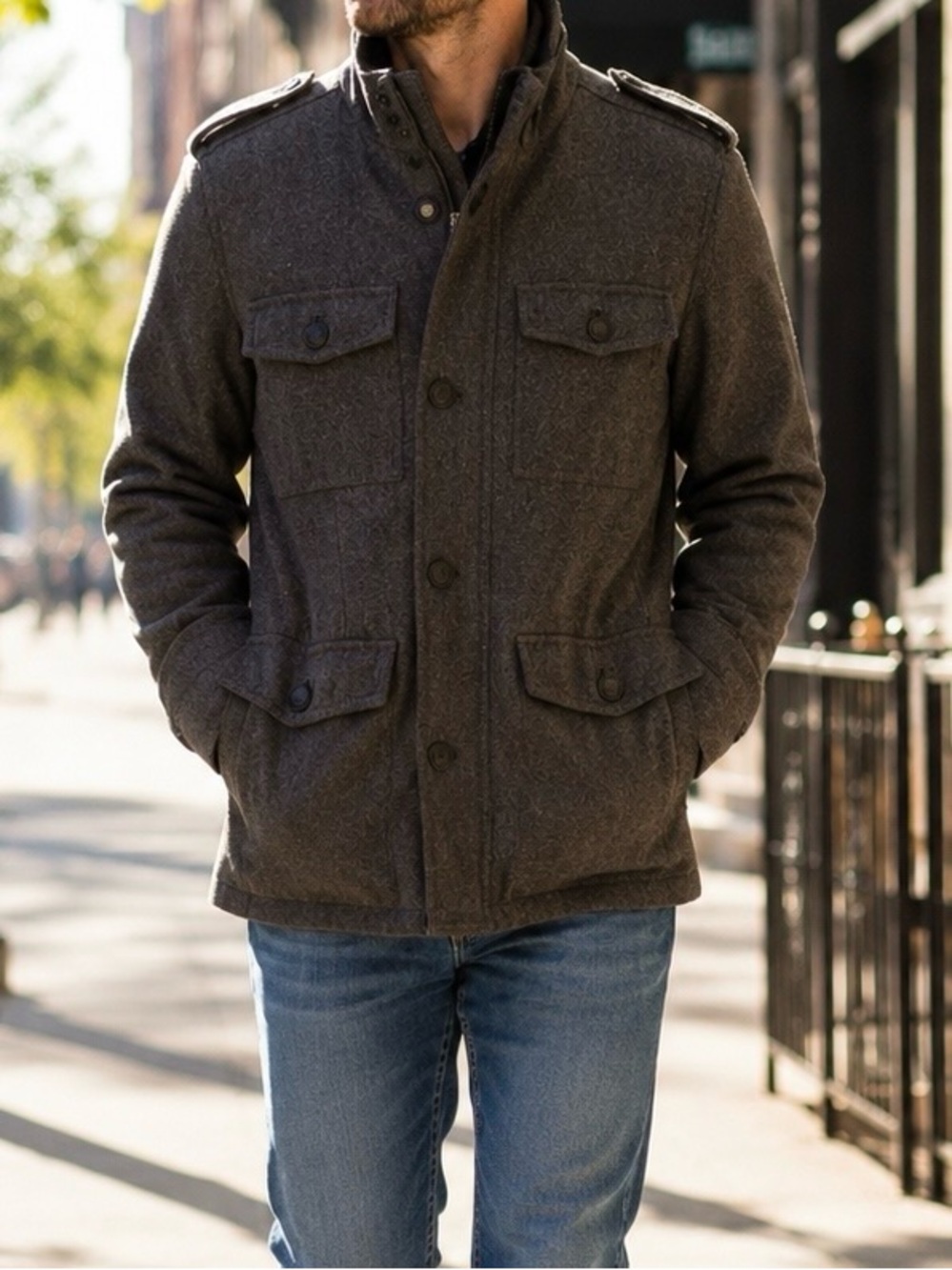 Guess Men's Charcoal Insulated Wool Blend Military Field Coat Jacket-Medium